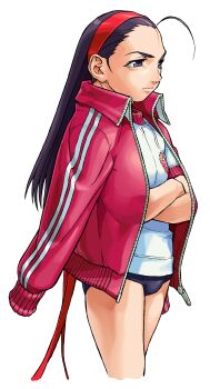 Rule 34 | 1girl, absurdres, ahoge, arm out of sleeve, black buruma, black hair, buruma, cropped legs, crossed arms, edaki shin'ya, from side, game cg, gym shirt, gym uniform, hairband, highres, iinchou (justice gakuen), jacket, justice gakuen, long hair, moero! justice gakuen, non-web source, official art, open clothes, open jacket, red hairband, shirt, simple background, solo, track jacket, white background, white shirt