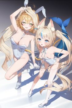 Rule 34 | 2girls, :d, ahoge, alternate costume, animal ear fluff, animal ear hairband, animal ears, arm up, asymmetrical legwear, bare arms, bare legs, bare shoulders, black background, blonde hair, blue eyes, blue hair, breasts, cat ears, chinese commentary, choker, collarbone, commentary request, detached collar, dooby, fake animal ears, fins, fish tail, full body, gradient background, green eyes, hairband, hand on own hip, hand on own thigh, high heels, highres, indie virtual youtuber, kneehighs, large breasts, leaning forward, leotard, long hair, loose socks, medium hair, multicolored hair, multiple girls, o-ring, o-ring choker, open mouth, playboy bunny, rabbit ears, sameko saba, shoes, simple background, single kneehigh, single sock, single thighhigh, small breasts, smile, socks, standing, standing on one leg, strapless, strapless leotard, streaked hair, tail, tang0410, thighhighs, twintails, uneven legwear, very long hair, virtual youtuber, white background, white choker, white hairband, white leotard, white shoes, white socks, white thighhighs, wrist cuffs