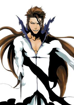 1boy aizen_sousuke bleach brown_hair coattails collarbone colored_shadow hogyoku_(bleach) holding holding_sword holding_weapon kubo_tite long_hair looking_at_viewer male_focus mullet official_art shadow simple_background sword teeth weapon white_background zanpakutou