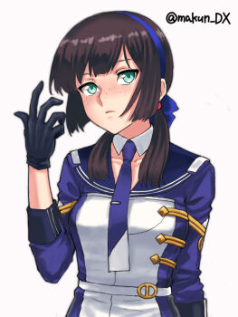 1girl black_gloves blue_hairband blue_necktie blue_ribbon breasts brown_hair commentary_request freckles gloves green_eyes hair_ribbon hairband highres jacket kantai_collection long_hair long_sleeves looking_at_viewer maakun_(makun_dx) mogador_(kancolle) necktie ribbon sidelocks solo twitter_username upper_body white_background