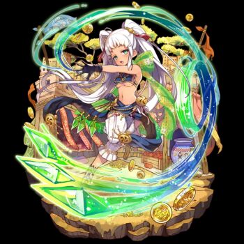 1girl amya_(merc_storia) aqua_eyes black_background black_gloves breasts building clothing_cutout coin crop_top full_body gloves green_scarf highres jitome long_hair medium_breasts merc_storia merc_storia_art_team motion_lines navel official_art open_hand open_mouth outstretched_arm sandals scarf shorts sidelocks simple_background sleeveless solo standing tachi-e town tree twintails underboob very_long_hair white_hair white_shorts