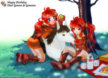 Rule 34 | 2girls, apple, ass, blue eyes, blush, boots, brown hair, character name, cup, food, fruit, gemini sunrise, geminin sunrise, gloves, hair tie, happy birthday, holding, holding food, holding fruit, jacket, kannah, larry (sakura taisen), leaning on animal, milk, mug, multiple girls, open mouth, orange jacket, orange skirt, picnic blanket, ponytail, red boots, red gloves, red hair, sakura taisen, sakura taisen v, shirt, siblings, sidelocks, sisters, sitting, skirt, smile, tree, white horse, yellow shirt