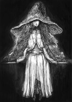 1girl chinese_commentary cloak closed_mouth commentary_request dress elden_ring extra_arms fluffy_hair fu_xiao_ai greyscale hat highres long_hair monochrome one_eye_closed own_hands_together ranni_the_witch scar scar_on_face solo steepled_fingers very_long_hair witch witch_hat