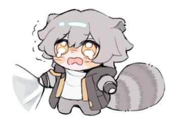 1boy animal_ears black_coat black_gloves blush caelus_(honkai:_star_rail) chibi chibi_only coat fingerless_gloves full_body gloves grey_hair hair_between_eyes holding holding_cloth honkai:_star_rail honkai_(series) kemonomimi_mode leonrui long_sleeves looking_afar male_focus open_clothes open_coat open_mouth raccoon_ears raccoon_tail sad shirt short_hair simple_background solo standing t-shirt tail tearing_up trailblazer_(honkai:_star_rail) trembling white_background white_shirt yellow_eyes