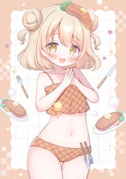 1girl :d blonde_hair blush border brown_border brown_camisole brown_panties butter camisole collarbone commentary_request cowboy_shot double_bun food food-themed_hair_ornament fork grid_background hair_bun hair_ornament hanasakichu heart highres knife looking_at_viewer meatball navel open_mouth original outside_border panties short_hair smile solo spaghetti_strap sparkle steak steepled_fingers twitter_username underwear underwear_only white_background yellow_eyes