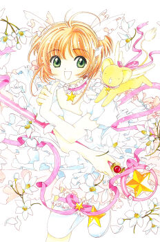 1990s_(style) 1girl antenna_hair brown_hair cardcaptor_sakura child clamp flower frilled_thighhighs frills highres hoshi_no_tsue kero_(cardcaptor_sakura) kinomoto_sakura kinomoto_sakura_(astral_sakura) magical_girl retro_artstyle simple_background standing standing_on_one_leg thighhighs two_side_up white_background white_thighhighs