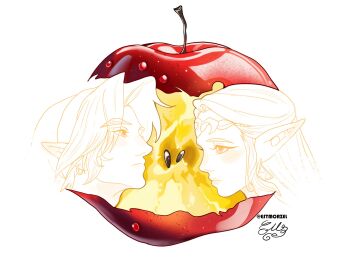 1boy 1girl apple apple_core appletrend closed_mouth earrings estmorzel food fruit half_updo highres jewelry light_blush link nintendo parted_bangs phrygian_cap pointy_ears princess_zelda seed short_hair sidelocks signature the_legend_of_zelda the_legend_of_zelda:_ocarina_of_time tiara triforce twitter_username upper_body white_background