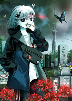 Rule 34 | 1boy, 1girl, ?, @ @, aiming, black flower, black jacket, black pants, blue eyes, blue jacket, bouquet, bug, butterfly, charm (object), chest strap, cigarette, covering own mouth, cowboy shot, expressionless, fanny pack, floating hair, flock, flower, formal clothes, giba ryan, graveyard, gun, hair flower, hair ornament, hand in pocket, hand over own mouth, hand up, highres, holding, holding cigarette, holding gun, holding weapon, hood, hood down, hooded jacket, insect, jacket, laser, laser pointer projection, laser sight, leaf, long sleeves, looking at viewer, multicolored jacket, nintendo, no smoking, open clothes, open jacket, original, outdoors, overcast, pale skin, pants, parka, pokemon, pokemon rgby, pokemon tower ghost, red flower, shirt, short hair, silk, skull print, sky, smoke, smoking, solo focus, sotoba, spider, spider lily, spider web, stone lantern, streetwear, suit, sumida (tokyo), swallowtail butterfly, the north face, tokyo (city), tokyo skytree, tombstone, tower, track pants, tree, weapon, white hair, white shirt
