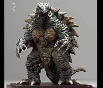 3d artist_name claws commentary gamera gamera_(series) giant giant_monster glowing glowing_eyes green_eyes grey_background highres japanese_text jared_modina kaiju looking_at_viewer monster multicolored_eyes no_humans open_mouth orange_eyes overlapping_shell platform sculpture sharp_teeth signature simple_background tail teeth tongue translation_request turtle turtle_shell tusks yellow_eyes