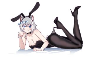 1girl :3 alternate_costume animal_ear_fluff animal_ears blue_eyes breasts cat_ears cipher_(honkai:_star_rail) cipherdoodle cleavage commentary english_commentary high_heels highres honkai:_star_rail honkai_(series) lace_pantyhose_hooked_on_heel_(meme) large_breasts leotard meme mole mole_on_breast playboy_bunny rabbit_ears sleeve_cuffs white_background