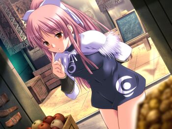 1girl apple arm_behind_back bare_legs black_dress blush breasts brown_eyes clenched_hand crate dress dungeon_crusaderz dutch_angle erika_rouleburg food fruit game_cg index_finger_raised leaning_forward long_hair m&amp;m_(mickey_and_mackey) outdoors pink_hair ponytail standing