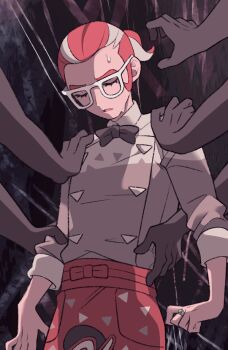 1boy apron black_bow black_bowtie bow bowtie closed_eyes grabbing_another&#039;s_arm grabbing_another&#039;s_shoulder grisham_(pokemon) hair_pulled_back hand_on_another&#039;s_waist jewelry male_focus minashirazu multicolored_hair nintendo orange_apron orange_hair pokemon pokemon_legends:_z-a ponytail ring shadow_hands shirt short_ponytail solo sweat two-tone_hair upper_body waist_apron white_hair white_shirt