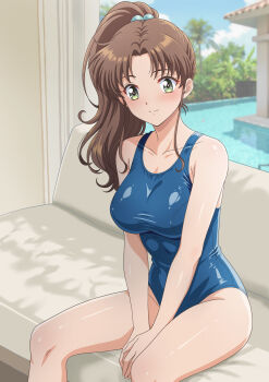 1girl absurdres bishoujo_senshi_sailor_moon blue_one-piece_swimsuit breasts brown_hair commentary_request couch feet_out_of_frame green_eyes hair_bobbles hair_ornament highres kino_makoto long_hair medium_breasts one-piece_swimsuit ponytail school_swimsuit sitting solo swimsuit takinomori_momiji window