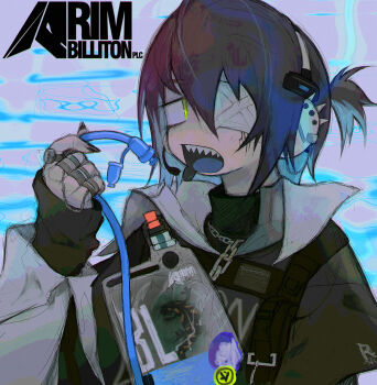 1girl arknights asbestos_(arknights) blue_tongue chain colored_tongue commentary ear_piercing highres jewelry multiple_rings open_mouth piercing pyoko_(sandwicha) ring sharp_teeth short_hair solo teeth