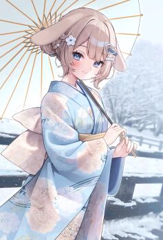 animal_ears blue_kimono commentary_request flower hair_flower hair_ornament highres holding holding_umbrella indie_virtual_youtuber japanese_clothes kimono monuke_(monu) new_year rabbit_ears sample_watermark snow snowing umbrella virtual_youtuber watermark
