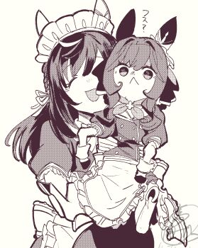 1girl :< animal animal_ears animalization apron braid braided_hair_rings buena_vista_(umamusume) closed_eyes closed_mouth clothed_animal coco's commentary_request ear_covers gentildonna_(umamusume) hair_between_eyes hair_ornament hair_rings headdress highres horse_ears horse_girl long_hair looking_at_viewer monochrome open_mouth shirt simple_background skirt smile takatsuki_nato umamusume waist_apron wrist_cuffs