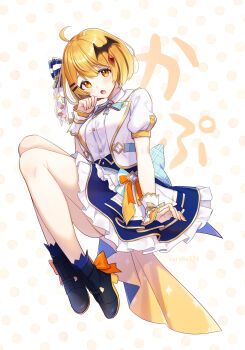 1girl ahoge bat_hair_ornament black_boots blonde_hair blue_bow blue_bowtie blush boots bow bowtie breasts collared_shirt commentary_request dress_shirt film_grain hair_bow hair_ornament hairclip highres hololive hololive_idol_uniform_(bright) idol idol_clothes jacket looking_at_viewer medium_breasts official_alternate_costume open_clothes open_jacket open_mouth parallel_hairclips pleated_skirt puffy_short_sleeves puffy_sleeves shirt short_hair short_sleeves skirt solo uruha_(yw1109) virtual_youtuber white_background white_bow white_jacket white_shirt white_skirt white_wrist_cuffs wrist_cuffs yellow_eyes yozora_mel