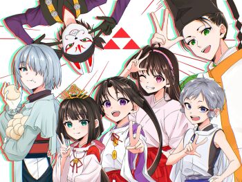 2girls 5boys black_hair blue_hair blush brown_hair crest eating family_crest fox_mask fubuki_(nige_jouzu_no_wakagimi) green_eyes grey_hair grin hairband hakama hakama_pants highres houjou_tokiyuki_(nige_jouzu_no_wakagimi) japanese_clothes kazama_genba long_hair mask mochizuki_ayako multiple_boys multiple_girls nezu_kojirou nige_jouzu_no_wakagimi pants purple_eyes red_hakama shizuku_(nige_jouzu_no_wakagimi) sleeveless smile suwa_yorishige_(nige_jouzu_no_wakagimi) v wide_sleeves