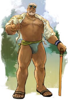 1boy absurdres arm_hair bara beard blue_male_swimwear boss_ren_(xxl) bulge cane chest_hair commentary dopey_(dopq) english_commentary eyewear_on_head facial_hair full_body green_sash highres holding holding_cane jacket jewelry leg_hair looking_at_viewer male_focus male_swimwear mature_male muscular muscular_male necklace nipple_piercing open_clothes open_jacket piercing purple_eyes sandals sash short_hair sleeves_rolled_up slides smile solo standing strongman_waist sunglasses swim_briefs thick_eyebrows white_hair white_jacket wristband xxl_woofia