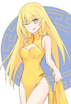 1girl ;q absurdres bare_shoulders blonde_hair breasts china_dress chinese_clothes cleavage cleavage_cutout clothing_cutout covered_navel dress hair_between_eyes highres long_hair looking_at_viewer medium_breasts one_eye_closed pelvic_curtain shokuhou_misaki side_slit simple_background sleeveless sleeveless_dress smile solo sparkling_eyes toaru_kagaku_no_mental_out toaru_kagaku_no_railgun toaru_majutsu_no_index tongue tongue_out very_long_hair yellow_dress yellow_eyes yorishiro_la