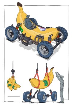 1boy absurdres banana bolt_(hardware) commentary_request engine food fruit gatling_santouhei gloves highres hook machine mechanic motor_vehicle nut_(hardware) original race_vehicle screw solo steering_wheel wheel