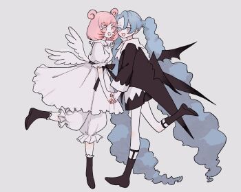 2girls :d absurdly_long_hair angel_wings belt_ribbon black_boots black_ribbon black_shorts black_tailcoat black_wings bloomers blue_eyes blue_hair bob_cut boots commentary_request demon_wings double_bun dress fan_request frilled_dress frills full_body grey_background hair_bun highres holding_hands limo_nine long_hair looking_at_viewer maru_(xxxholic) medium_hair moro_(xxxholic) multiple_girls odaibako open_mouth pink_eyes pink_hair ribbon shorts signature simple_background smile standing standing_on_one_leg tailcoat twintails underwear very_long_hair white_bloomers white_dress white_wings wings xxxholic