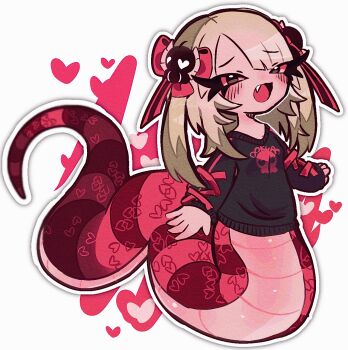 Rule 34 | black shirt, blonde hair, blush, breasts, commentary request, eyelashes, fang, hair between eyes, hair ornament, heart, highres, ivi hakase, lamia, medium hair, monster girl, original, red eyes, red tail, shirt, simple background, skull print, small breasts, smile, snake girl, tail, white background