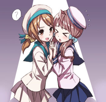 Rule 34 | > <, 10s, 2girls, :o, ?, ahoge, bad id, blush, brown hair, closed eyes, error musume, flying sweatdrops, girl holding a cat (kancolle), hair ribbon, hat, holding hands, interlocked fingers, kantai collection, kneeling girl (kancolle), long hair, matsuryuu, military, military uniform, multiple girls, open mouth, personification, ponytail, ribbon, skirt, smile, speech bubble, spoken question mark, tears, twintails