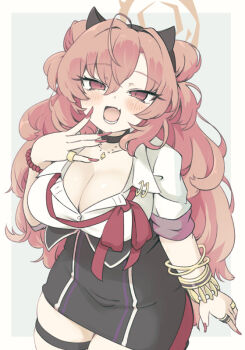 1girl :d bangle bead_bracelet beads black_choker black_hairband black_skirt blue_archive blush border bow bracelet breasts brown_hair choker cleavage collarbone collared_shirt dress_shirt fang fingernails grey_background grey_border hair_between_eyes hairband halo high-waist_skirt horns jewelry kirara_(blue_archive) large_breasts long_fingernails long_hair looking_at_viewer miranofuudoria open_mouth red_bow red_eyes red_nails shirt short_sleeves skindentation skirt smile solo thigh_strap very_long_hair white_shirt