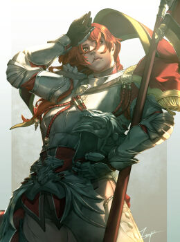 Rule 34 | 1girl, absurdres, armor, breastplate, brown eyes, cowboy shot, full armor, helmet, highres, hildegard von krone, lance, looking to the side, polearm, red hair, shading eyes, solo, soul calibur, teppu tora, unworn headwear, unworn helmet, weapon
