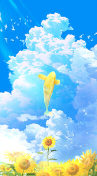 absurdres animal_focus blue_sky cloud cloudy_sky flower flying_whale highres light_rays makoron117117 no_humans original outdoors scenery simple_bird sky sky_focus sparkle sunbeam sunflower sunlight whale yellow_flower