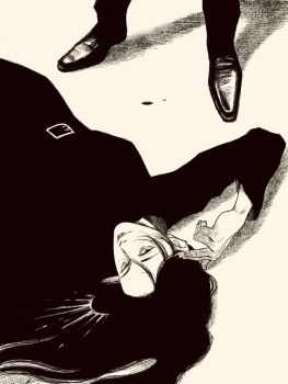 1girl 1other belt_buckle black_hair black_nails buckle greyscale highres long_hair looking_at_viewer lying monochrome on_back original solo_focus tp_p_pt