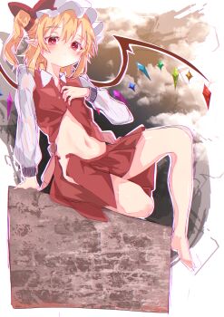 1girl absurdres ascot bare_legs barefoot blonde_hair crystal crystal_wings flandre_scarlet hair_between_eyes hand_up hat highres long_sleeves looking_at_viewer midriff mister_eru mob_cap navel pointy_ears red_eyes red_skirt shirt short_hair side_ponytail sitting skirt solo stomach touhou wings
