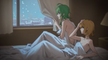 2girls aftersex ahoge bed bed_sheet bite_mark blonde_hair breasts cleavage collarbone commentary covering_breasts covering_privates curtains gumi hand_on_own_head hickey implied_after_sex kagamine_rin lamp looking_through_window multiple_girls naked_sheet on_bed scratches short_hair sidelocks sketch small_breasts snow snowing under_covers vocaloid window wounds404 yuri