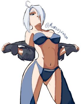 1girl angel_(kof) blue_eyes breasts female_focus gloves jacket leather leather_jacket medium_breasts monnoyknn0m open_clothes pale_skin panties short_hair the_king_of_fighters thick_thighs thighs underwear undressing white_hair