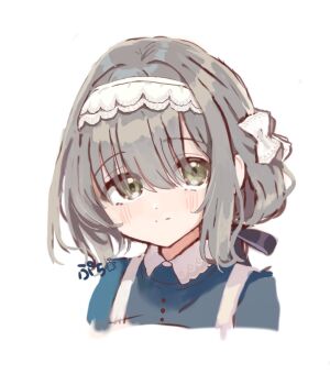 1girl black_ribbon blush closed_mouth gakuen_idolmaster grey_hair hair_ribbon hamachi_pyvzukin8224 highres hiwatari_kanae idolmaster maid_headdress ribbon short_hair simple_background smile solo translation_request white_background