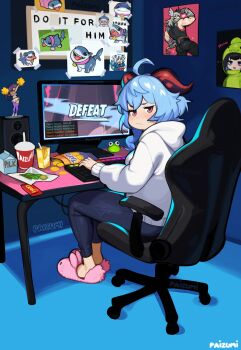 1girl :/ alternate_costume animal_slippers artist_name bunny_slippers chair commentary computer_keyboard contemporary desk do_it_for_her_(meme) english_commentary english_text figure full_body gaming_chair ganyu_(genshin_impact) gawr_gura gawr_gura_(1st_costume) genshin_impact highres hololive hololive_english hood hooded_sweater indoors jeff_(marvel) jitome long_sleeves looking_at_viewer meme monitor paizumi pilk pink_slippers playing_games rgb_lights sharp_teeth sitting slippers solo speaker sweater swivel_chair teeth the_simpsons virtual_youtuber white_sweater