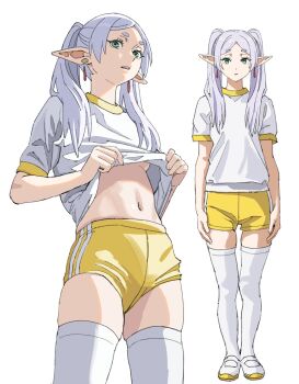1girl alternate_costume breasts clothes_lift commentary contemporary earrings english_commentary frieren full_body green_eyes grey_hair gym_shirt gym_uniform highres jewelry lifting_own_clothes long_hair multiple_views navel parted_bangs shiren_(ourboy83) shirt shirt_lift shoes short_sleeves shorts simple_background skindentation small_breasts sousou_no_frieren stomach teardrop_earrings thighhighs twintails underboob uwabaki white_background white_thighhighs yellow_shorts