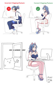 1boy 1girl absurdres animal_ear_headphones animal_ears are_you_winning_son?_(meme) blue_choker blue_footwear blue_leotard breast_padding breasts cat_ear_headphones cat_ears chair choker cleavage correct_gaming_posture_(meme) elbow_gloves english_text fake_animal_ears genderswap genderswap_(mtf) gloves headphones high_heels highres indie_virtual_youtuber indoors interrupted large_breasts leotard long_sleeves looking_at_viewer majinmallow medium_hair meme mole mole_under_eye parody ponytail sitting thick_thighs thighhighs thighs typing virtual_youtuber white_gloves white_thighhighs