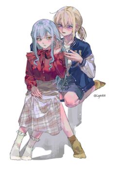 Rule 34 | 2girls, absurdres, adjusting hair, ankle socks, arm rest, artist name, bang dream!, bang dream! it's mygo!!!!!, blue hair, blue jacket, blue ribbon, blue skirt, blush, bow, bowtie, brown socks, commentary, dot nose, earrings, fingernails, frilled shirt, frilled socks, frills, front-to-back, full body, grey skirt, hair ribbon, hand on own leg, hand up, highres, holding another's hair, invisible chair, jacket, jewelry, kinayone, kneehighs, long hair, long sidelocks, long sleeves, looking at another, looking at viewer, medium skirt, miniskirt, misumi uika, multicolored jacket, multiple girls, necklace, no shoes, on one knee, parted lips, pearl earrings, pearl necklace, plaid clothes, plaid skirt, ponytail, purple eyes, red bow, red bowtie, red shirt, revision, ribbon, shadow, shirt, shirt tucked in, sidelocks, simple background, sitting, skirt, socks, togawa sakiko, tucking hair, twitter username, two-tone jacket, white background, white jacket, white shirt, white socks, yellow eyes
