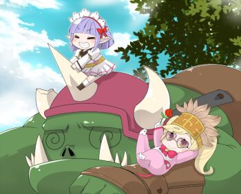 1boy 2girls @_@ blonde_hair blue_sky blush boots bow bowtie brown_boots chibi chibi_only cloud colored_skin commentary_request dress game_master_(ragnarok_online) green_skin grin heart heart-shaped_eyewear helmet high_priest_(ragnarok_online) iyofika long_hair long_sleeves multiple_girls orc orc_lord pointy_ears purple_hair ragnarok_online red_bow red_bowtie short_hair sky smile tree white_dress