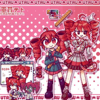 baguette birdbrain_(synthesizer_v) bow bread buttons character_name detached_sleeves double-breasted drill_hair food grey_jacket grey_skirt highres jacket kasane_territory_(utau) kasane_teto kasane_teto_(sv) kasane_teto_(utau) mesmerizer_(vocaloid) musical_staff number_tattoo official_alternate_costume pixel_art red_eyes red_hair red_trim ribbon shirt shoulder_belt shoulder_boards skirt sleeve_cuffs sleeveless sleeveless_shirt song_request striped_clothes striped_jacket synthesizer_v tattoo twin_drills utau white_bow white_ribbon ycsawampfp