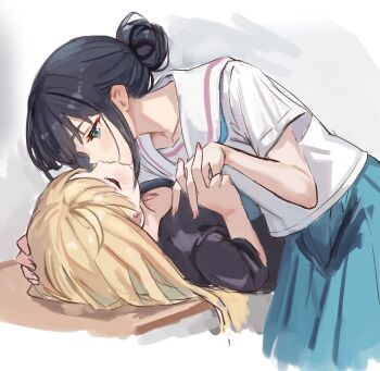 Rule 34 | 2girls, absurdres, bell (angelicalary), black hair, black shirt, blonde hair, blue skirt, cho kaguya-hime!, closed eyes, commentary request, green eyes, hair bun, hand on another's head, highres, holding hands, interlocked fingers, kaguya (cho kaguya-hime!), kiss, leaning back, leaning forward, long hair, looking at another, multiple girls, pleated skirt, sailor collar, sakayori iroha, school uniform, serafuku, shirt, short hair, short sleeves, single hair bun, skirt, white shirt, yuri