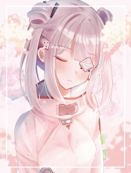 1girl absurdres cherry_blossoms closed_eyes commentary_request double_bun eyepatch grey_hair hair_bun hair_ornament hair_over_eyes heaven_burns_red highres myth_saka short_hair spring_(season) sweater_vest yamawaki_bon_ivar
