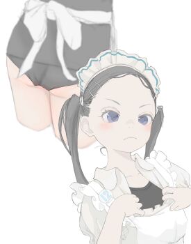 1girl absurdres apron black_panties blue_eyes closed_mouth collarbone cropped_legs dress forehead highres light_blush loli long_hair looking_at_viewer maid maid_apron maid_headdress multiple_views ohgnokuni original panties short_twintails simple_background solo twintails underwear white_apron white_background white_dress