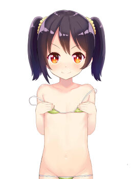 10s 1girl aged_down atg_(wttoo0202) bare_arms bare_hips bare_shoulders stomach bikini black_hair blush closed_mouth female_focus flat_chest green_bikini highres loli looking_at_viewer love_live! love_live!_school_idol_project midriff navel off_shoulder orange_eyes preschooler scrunchie shiny_skin short_hair shy simple_background smile solo standing strap strap_slip striped_bikini striped_clothes swimsuit twintails upper_body white_background yazawa_nico