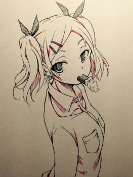 1girl absurdres arms_at_sides breast_pocket breasts candy candy_bar candy_wrapper clothing_cutout collarbone collared_shirt commentary_request crosshatching detached_collar eyes_visible_through_hair food food_in_mouth forehead from_above from_side hair_ornament hair_ribbon hairclip hatching_(texture) highres linear_hatching long_hair long_sleeves looking_at_viewer looking_to_the_side looking_up medium_breasts mole mole_under_eye monochrome mouth_hold parted_bangs partial_commentary pocket raised_eyebrows ribbon shiiba_aki shirobako shirt short_twintails sideways_glance simple_background solo traditional_media turning_head twintails upper_body white_background yano_erika