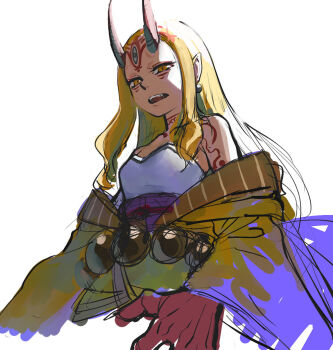 1girl b_suke blonde_hair breasts commentary_request earrings fate/grand_order fate_(series) forehead_tattoo highres horns ibaraki_douji_(fate) japanese_clothes jewelry long_hair obi pointy_ears sash shoulder_tattoo small_breasts solo tattoo upper_body yellow_eyes