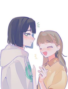 +++ 2girls :d ^_^ black_bow black_hair blunt_bangs blunt_ends blush bob_cut bow brown_hair closed_eyes collared_shirt commentary english_commentary green_eyes hair_bow highres hood hood_down hoodie kachimachi_kosuzu kachimachi_kosuzu_(summer_training_wear) link!_like!_love_live! long_sleeves looking_at_viewer love_live! mixed-language_commentary momose_ginko momose_ginko_(summer_training_wear) multiple_girls nose_blush notice_lines open_mouth pipi_(m1x_mix) polo_shirt shirt short_hair short_sleeves simple_background smile virtual_youtuber white_background white_hoodie yellow_shirt