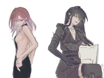 2girls bare_arms black_coat black_dress black_gloves black_hair black_thighhighs breasts closed_mouth coat commentary dress earrings elbow_gloves gloves hashtag-only_commentary highres honookitaru jewelry looking_at_viewer medium_breasts multiple_girls necktie path_to_nowhere rahu_(path_to_nowhere) red_hair shalom_(path_to_nowhere) shirt sideboob simple_background smile thighhighs white_background white_necktie white_shirt